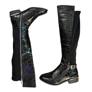 Over The Knee Crocodile Black Patent Boots Buckle Detail Black Size 7‎